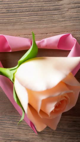 Lowering peach rose into pink ribbon heart on rustic wood table forming romantic decor