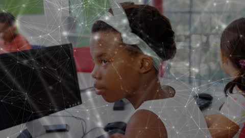 Network Connections Overlay on Students Using Computers in Classroom