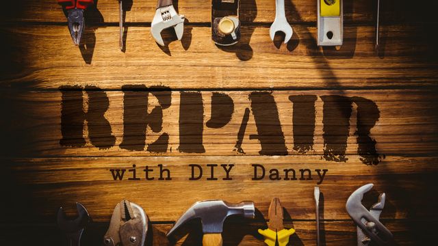 This visual features an assortment of tools laid out over wooden floorboards with the text 'Repair with DIY Danny'. Suitable for blogs, videos, or articles focused on DIY repairs, handyman services, tool usage, or home improvement projects. Can be used as a banner for websites, social media post, or promotional materials.