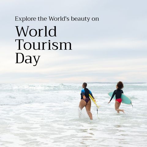 World Tourism Day Celebration with Female Surfers in Ocean - Download Free Stock Templates Pikwizard.com