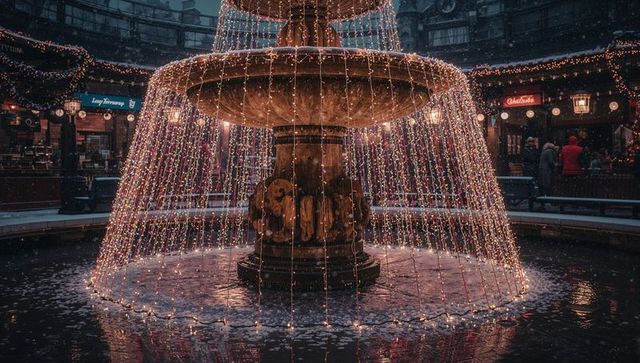 Illuminated fountain cascade with festive market stalls in arcade