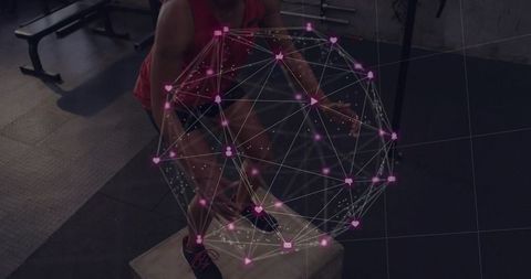 Woman stepping onto plyo box in gym with digital hologram network representing fitness tech