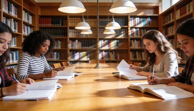 Focused group study in sunlit library with four female students writing notes and studying
