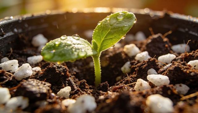 Backlit seedling with dew in potting mix showing perlite, closeup sprout and growth