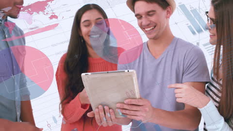 Team Collaborating on Tablet with Data and Graphs Overlay