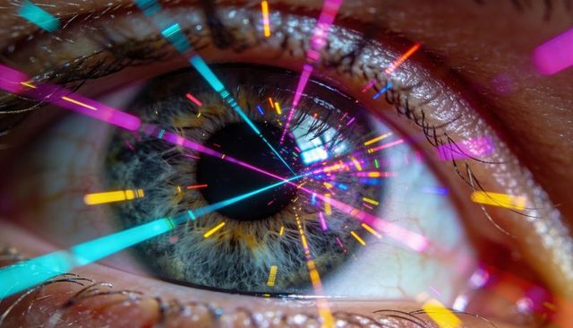 Macro close-up human eye with neon light streaks, shimmering green-gray iris, lensflare