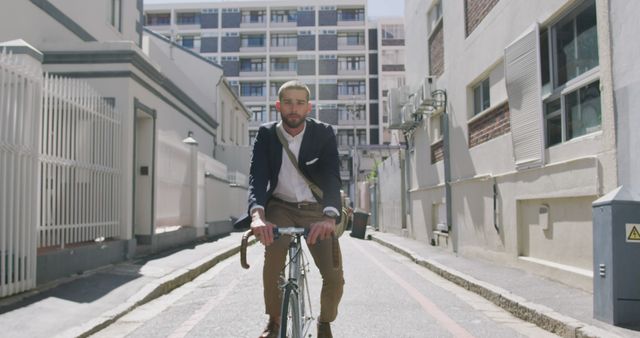 Businessman in a suit riding a bicycle through an urban alleyway, surrounded by buildings. Useful for depicting eco-friendly commuting options, urban lifestyles, sustainable transportation, work-life balance, and professional life in metropolitan areas.
