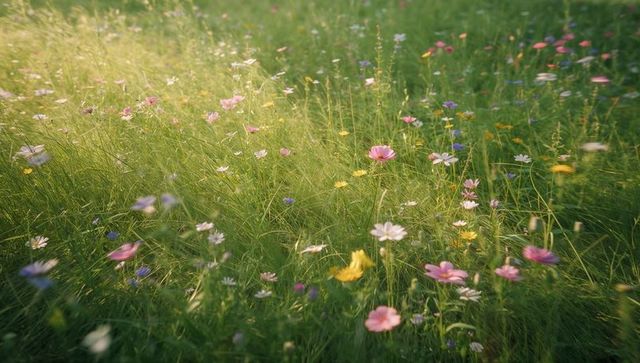 Sunlit wildflower meadow swaying with pink cosmos, daisies and yellow blossoms