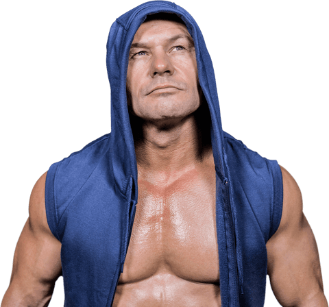 Muscular Man in Blue Hoodie Looking Up Transparent Background