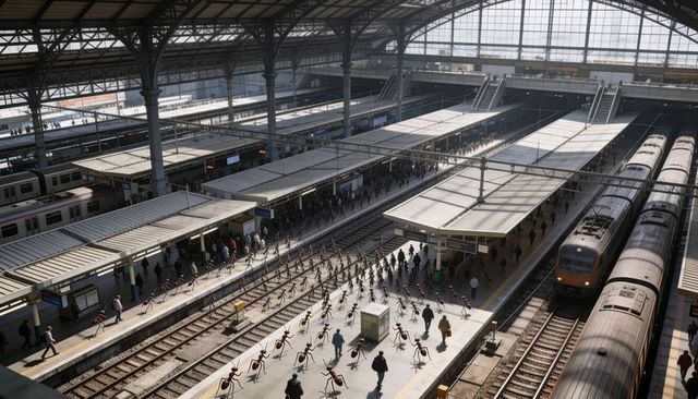 Busy urban train station with commuters navigating red wheeled units under glass canopy