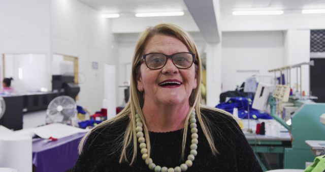 Smiling woman with glasses indoors at work in a textile factory - Download Free Stock Images Pikwizard.com