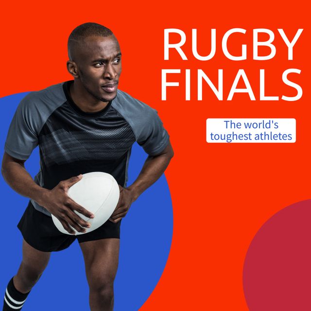 Determined Rugby Player Holding Ball with Finals Promotional Text on Red Background - Download Free Stock Templates Pikwizard.com