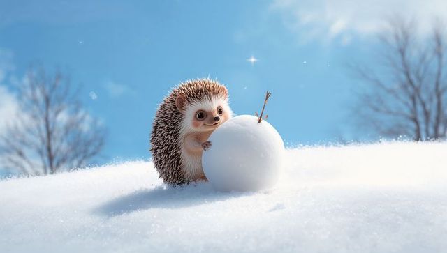 Cute hedgehog holding snowball on sparkling sunlit winter snowbank, playful wildlife scene