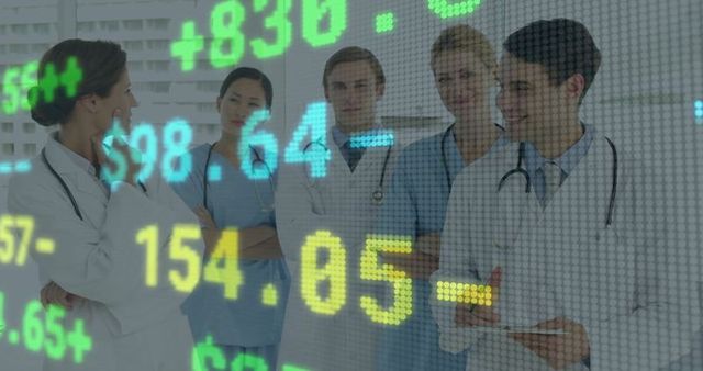 Healthcare professionals with stock market figures discussing hospital data