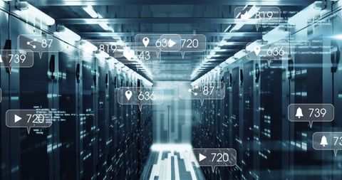 Digital interface overlay with social media icons over computer servers