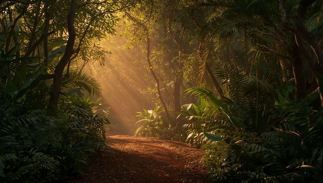Sunlit Path in Lush Tropical Forest