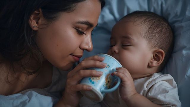 Mother feeding sleeping baby with blue sippy cup during quiet night