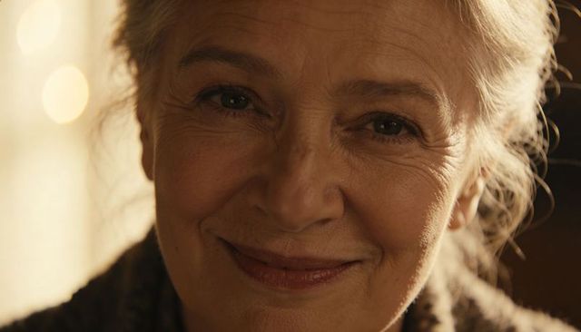 Smiling senior woman holding gentle gaze, warm closeup with bokeh lights and cozy sweater