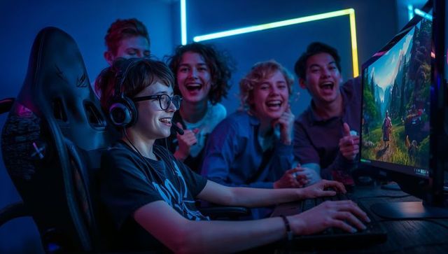 Teenager enjoying video game while friends cheer in gaming room