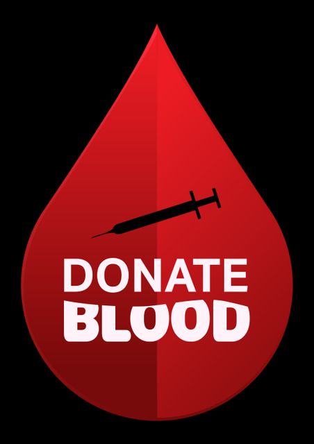 Illustration of donate blood text with injection in large red drop against black background. healthcare and awareness.