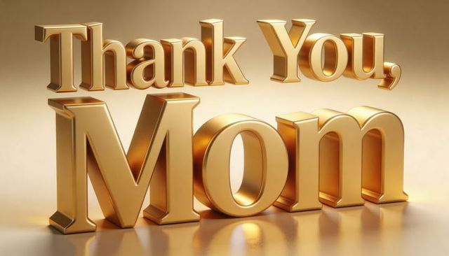 Golden 3d thank you mom typography glowing gilded letters for mother's day