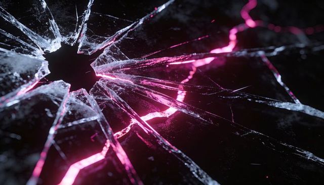 Shattered glass panel glowing with magenta neon light through fractured cracks