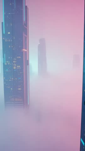 Vertical cyberpunk cityscape video panning neon skyscraper through pink fog and cyan glow