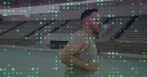 Athlete Running on Stadium Track with Dynamic Digital Overlay