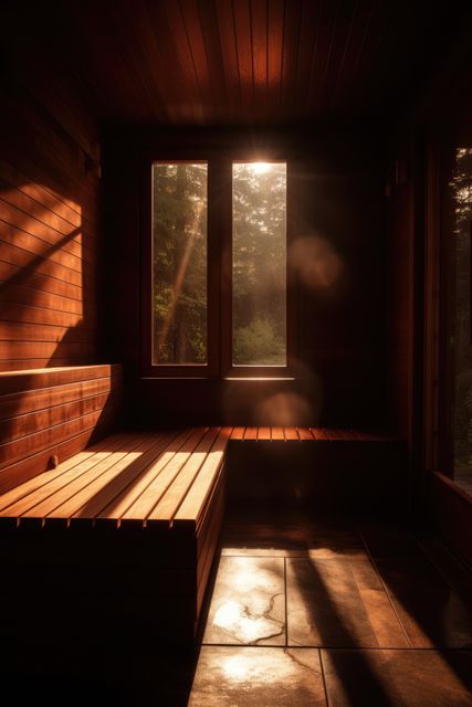 Interior of wooden sauna with window and view to trees, created using generative ai technology. Sauna, relaxation and self care concept digitally generated image.
