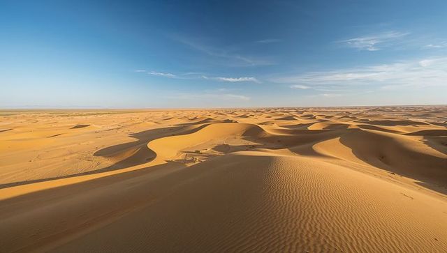Golden desert dunes glowing with ripples and long shadows