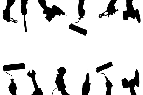 Transparent Silhouette of Diverse Tools in Gripping Hands