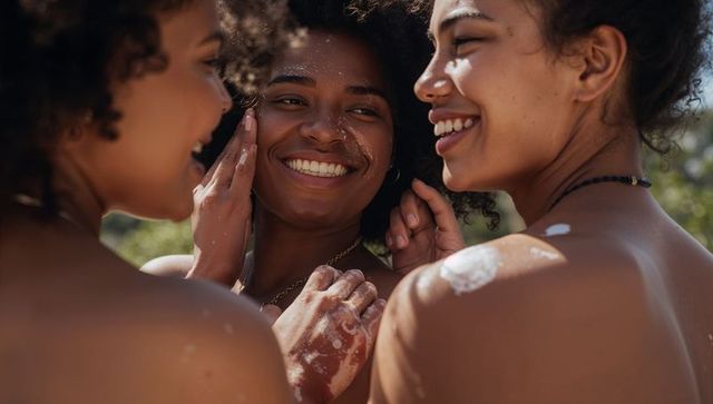 Sunlit friends applying sunscreen, smiling and sharing affection during outdoor gathering