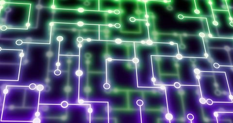 Neon circuit design on black background illustrating connectivity
