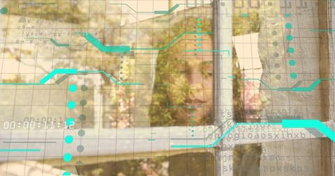 Mid-adult woman reflecting through window with futuristic hud overlay and timecode