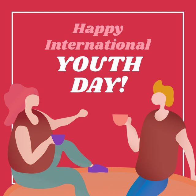 Illustration of friends having coffee and happy international youth day text on pink background. copy space, togetherness, vector, youth, celebration, cultural and legal issues awareness concept.