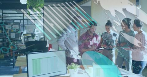 Multinational team collaborating on business strategy in office with modern technology overlay
