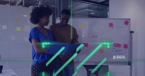 Colleagues Collaborating with AR Overlays Reviewing Project Files in Modern Workspace