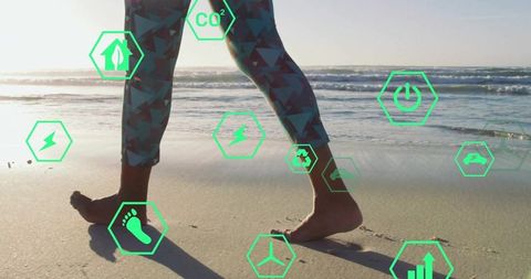 Woman experiencing eco-peace walking barefoot on beach