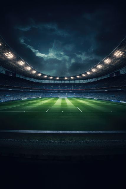 This photo showcases an empty football stadium at night with floodlights brightening the field and dramatic clouds in the sky. This image conveys a sense of anticipation and calm before the big game. Ideal for use in sports magazines, event advertisements, promotional materials, website banners, and social media campaigns.