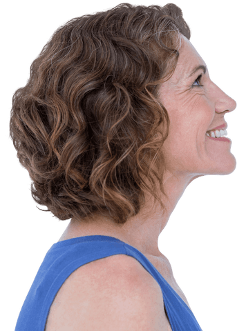 Profile of smiling middle-aged woman with wavy hair on transparent background