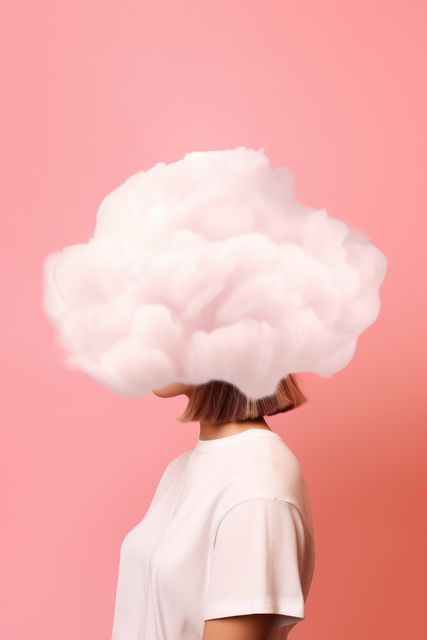 Woman with face covered by cloud on pink background, created using generative ai technology. Faceless person, anonymity and colour concept digitally generated image.