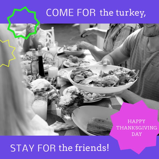 Picture captures a joyful Thanksgiving dinner where friends and family gather around the table, enjoying delicious food and good company. Perfect for promotions related to Thanksgiving events, festive ads, or community gatherings. Highlights the sense of togetherness, warmth, and holiday spirit.