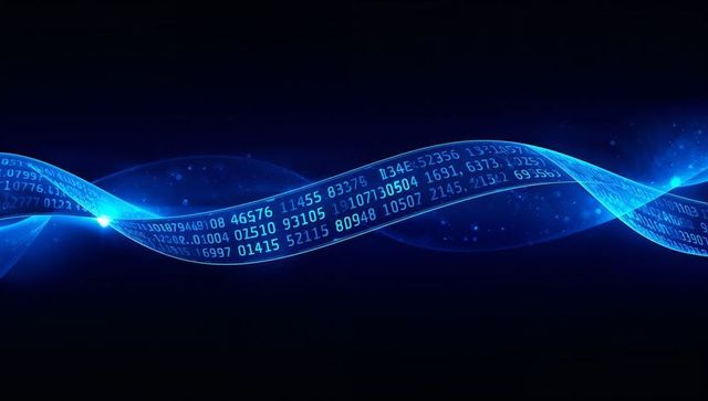 Blue digital data ribbon helix flowing across dark cyber background glowing code stream