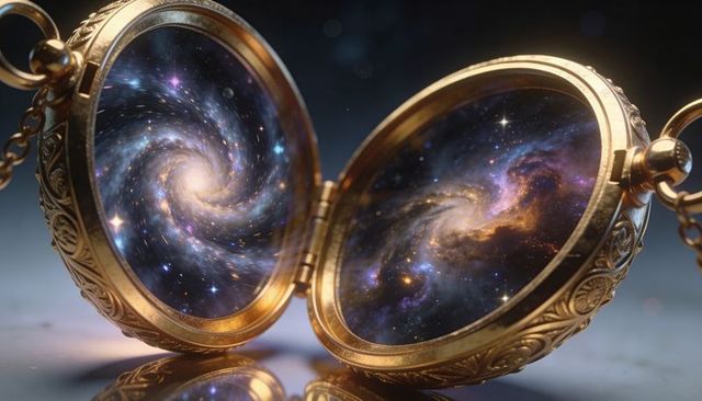 Ornate gold locket revealing twin spiral galaxies, cosmic pendant holding tiny universe