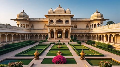 Symmetrical sandstone pavilion in historic courtyard garden
