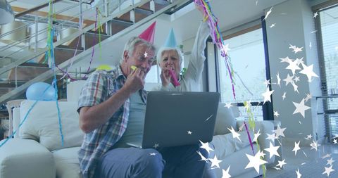 Senior Couple Video Calling with Celebration Festive Atmosphere