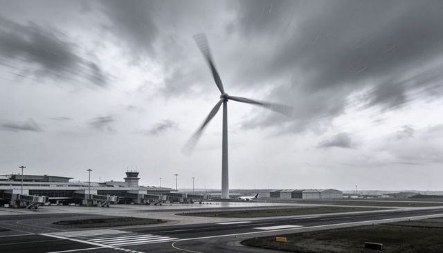 Spinning wind turbine over airport runway terminal showing renewable energy integration