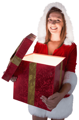 Smiling woman opening gift box in red fur hat with transparent background