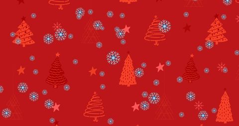 Christmas pattern with trees and snowflakes on red background