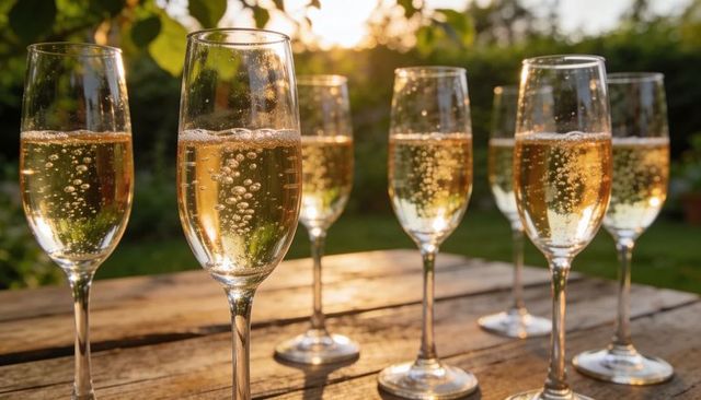 Sunlit champagne flutes sparkling with rising bubbles on rustic backyard wood table